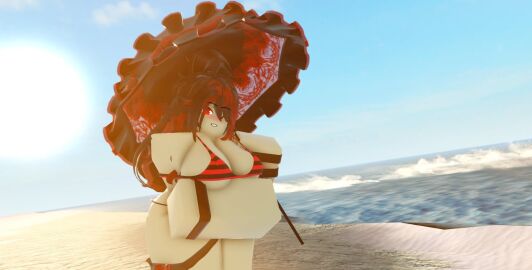 1girls 3d beach bikini black_hair breasts female female_only huge_breasts long_hair outside parasol red_hair roblox robloxian runirr34 striped_bikini tagme