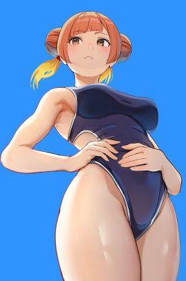 1girls absurd_res absurdres adult adult_female armpits bare_armpits bare_arms bare_hands bare_hips bare_legs bare_shoulders bare_skin bare_thighs belly bikini blue_background blue_bikini blue_one-piece_swimsuit blue_swimsuit blue_swimwear blush blushing_at_viewer blushing_female breasts brown-eyed_female brown-haired_female brown_eyebrows brown_eyes brown_hair child_bearing_hips dot_nose elbows embarrassed embarrassed_female exposed exposed_armpits exposed_arms exposed_legs exposed_shoulders exposed_thighs female female_focus female_only fingers groin hair_bun hair_ornament hair_ornaments hand_hand_on_hip hand_on_own_belly hand_on_own_hip hand_on_own_stomach hand_on_own_waist hand_on_stomach hand_on_waist high_resolution highres hourglass_figure large_breasts laufen_(sousou_no_frieren) lean_figure legs light-skined_female light-skinned_female light_skin looking_down looking_down_at_viewer mature_female narrow_waist nipple_bulge one-piece_swimsuit orange-haired_female orange_eyebrows orange_hair pussy shiny_hair shiny_legs shiny_skin shiny_thighs short_hair shoulders simple_background slender_body slender_waist slim_female slim_waist solo sousou_no_frieren standing swimsuit swimwear thick_thighs thighs thin_waist twin_buns underboob upper_body v-line wide_hips yami_anko