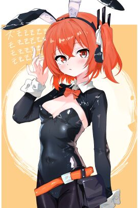 1girls a.i._voice adachi_rei belt black_leotard blush bowtie breasts cleavage closed_mouth cutout detached_collar fake_animal_ears female hair_ribbon headlamp headphones leotard looking_at_viewer mk2s_re navel one_side_up orange_belt orange_bowtie orange_eyes orange_hair playboy_bunny pouch rabbit_ears radio_antenna small_breasts solo strapless_leotard utau