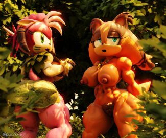 2girls 3d amy_rose anthro big_breasts breasts diag34k female female_only green_eyes jungle naked_female nipples pink_fur sonic_(series) sonic_boom sonic_prime sonic_the_hedgehog_(series) sticks_the_badger thick_thighs thorn_rose tribal_clothing