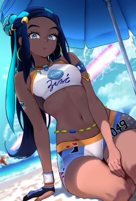 absurdres alternate_color aqua_eyes aqua_hair arm_strap beach beach_umbrella blue_hair blue_sky breasts closed_mouth cloud cloudy_sky commentary creatures_(company) crop_top dark-skinned_female dark_skin ear_piercing earrings female fingerless_gloves game_freak gen_1_pokemon gloves gyarados highres jewelry long_hair looking_at_viewer medium_breasts multicolored_hair navel necklace nessa_(pokemon) nintendo ocean piercing pokemon pokemon_(creature) pokemon_ss pokemon_swsh seiza shani_taiwo shiny_gyarados shiny_pokemon short_shorts shorts single_glove sitting sky solo streaked_hair umbrella very_long_hair waist_jewel wristband
