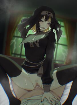 1boy absurdres black_hair black_hat black_nails black_shirt blonde_hair blur_censor blush breast_curtains censored commentary_request cowgirl_position female female_pubic_hair fingernails hat highres idolmaster idolmaster_shiny_colors ikaruga_luca long_sleeves m_legs mayj1816 multicolored_hair nail_polish penis pov pov_crotch pubic_hair pussy saliva sex shirt sparse_pubic_hair spread_legs straddling straight streaked_hair sweat thunder two-tone_hair vaginal_penetration white_shirt