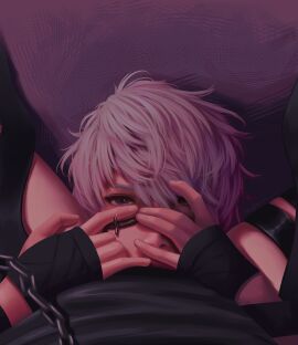 1boy 1girls blue_eyes clothed cunnilingus facesitting facesitting_pov female grey_hair looking_at_viewer love_and_deep_space male xavier_(love_and_deep_space)