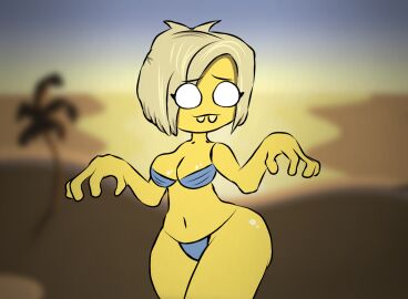 ass banana_zombie beach beach_background big_ass big_breasts bikini blue_bikini breasts cute cute_face eyelashes eyes_open eyes_visible_through_hair female glowing_eyes palm_tree short-haired_female short_hair showing_off shy shy_smile teeth_showing thick_ass thick_thighs traced white_eyes yellow_hair yellow_skin zombie zombie_catchers zombie_girl zombiecatchers