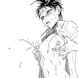 blush danganronpa danganronpa_2:_goodbye_despair drfav drooling hinata_hajime lactating lactation male male_focus male_lactation male_only milk milk_squirt milking nipples partially_clothed pec_play pec_squeeze pec_squish pecs pinching_nipples shirt_open squirting_milk uurin