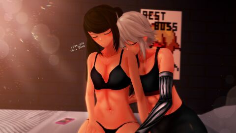 2girls 3d bed bedroom black_hair blush closed_eyes cybernetic_arm dana_zane dialogue female hand_on_leg julianne_stingray kissing_shoulder koikatsu light-skinned_female light_skin long_hair morning partially_clothed poster_(object) spiritofrei text underwear va-11_hall-a white_hair yuri