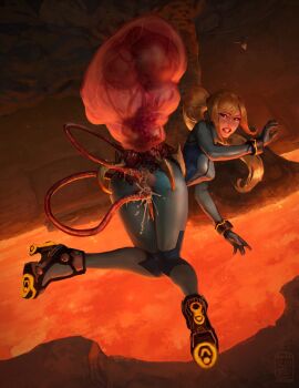 1girls anal ass blonde_hair bodysuit clenched_teeth clothed_sex clothing cum cum_in_ass cum_in_pussy cum_inside double_penetration erodun female from_behind hunter_metroid impregnation interspecies interspecies_impregnation knees_together_feet_apart long_hair metroid metroid_prime monster monster_on_female penetration pussy samus_aran size_difference spread_legs suspended_in_midair suspension tentacle tentacle_rape torn_bodysuit torn_clothes vaginal_penetration zero_suit zero_suit_samus