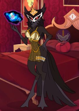 1girls anthro avian avian_humanoid beak big_breasts breasts brown_feathers brown_fur cleavage crown demon demon_girl demoness female female_only genderswap genderswap_(mtf) gold_bra helluva_boss lingerie long_hair magic metalbelphegor mtf_crossgender owl owl_demon paimon_(helluva_boss) pubic_feathers red_eyes rule_63 solo solo_female tagme thick_thighs