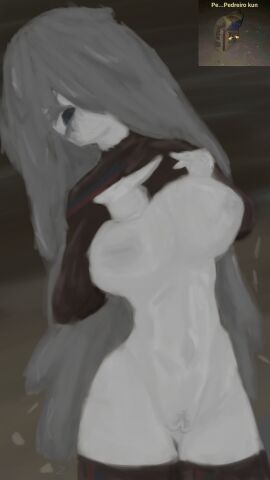 1zaraquell1 artist_logo big_breasts breasts cement dark_blue_eyes dark_grey_hair female grey_skin hair_over_one_eye inconsistent_artstyle liquid_hair meme original original_character pubic_hair pussy stone_body stone_skin tagme thighhighs thin_waist