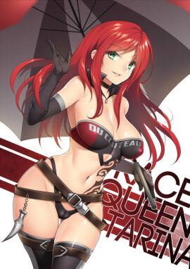 1girls belt big_breasts bikini black_bikini black_swimsuit breasts choker elbow_gloves female fuyahana gloves green_eyes holding_umbrella katarina_du_couteau large_breasts league_of_legends long_hair looking_at_viewer midriff navel race_queen red_hair riot_games swimsuit tattoo thighhighs umbrella