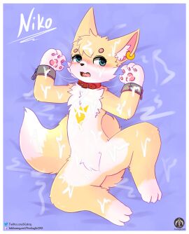 absurd_res anthro bed blush bodily_fluids canid canine chains collar cuff_(restraint) cum cum_on_body ear_piercing fox furniture genital_fluids hi_res lying male mammal open_mouth piercing restraints senz shackles solo tail text