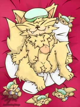 anthro anthro_only bed chest_fur erection eyewear fangs felid feline fluffy full-length_portrait fur furaffinity_link furniture furry furry_male furry_only goggles hi_res justwatchingthings looking_at_viewer lying lying_on_bed male male_focus male_only mammal nintendo on_bed pillow plushie portrait short_stack snout solo solo_male spitz_(warioware) teeth wario_(series) warioware whiskers yellow_fur