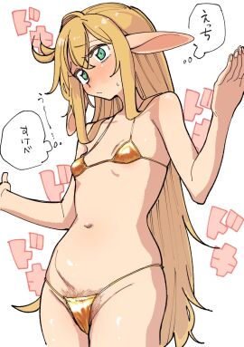 1girls bikini blonde_hair blush breasts female female_pubic_hair full-face_blush gold_bikini golden_week green_eyes hair_between_eyes highres long_hair micro_bikini navel original pubic_hair pubic_hair_peek sidelocks simple_background small_breasts swimsuit tarotanat very_long_ears white_background