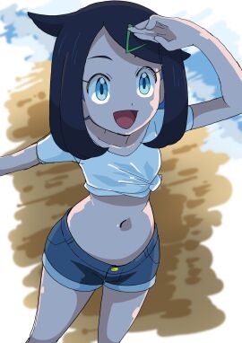 1girls belly belly_button blue_hair female female_focus female_only fully_clothed hainchu jean_shorts jpeg light-skinned_female light_skin liko_(pokemon) midriff pale-skinned_female pale_skin pokemon pokemon_trainer shorts solo solo_female solo_focus white_shirt