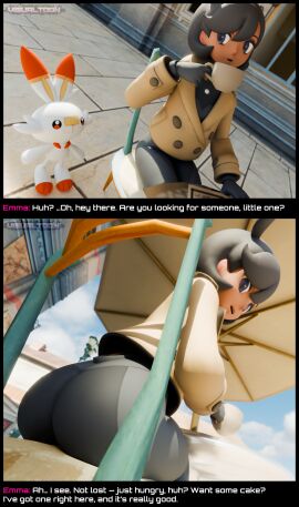 3d 3d_(artwork) ass big_ass black_hair blender bodysuit chair clothing coat cup emma_(pokemon) emma_(pokemon_legends:_z-a) game_freak generation_8_pokemon holding_cup huge_ass human kalos looking_down panels pokemon pokemon_(species) pokemon_legends:_z-a scorbunny short_hair table tan_body text thick_ass thick_thighs umbrella visualtoon