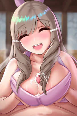 1boy 1girls alternate_breast_size apron apron_only areola_slip areolae bangs bare_arms big_breasts breast_press breast_squeeze breasts brown_hair ciderwrath cleavage closed_eyes cum cum_between_breasts cum_on_breasts cum_on_hair ejaculation_between_breasts female female_focus fire_emblem fire_emblem_awakening hair_ornament happy happy_paizuri happy_sex indoors large_breasts light-skinned_female light-skinned_male light_skin long_hair male male_pov naked_apron nintendo nipple_slip nipples open_mouth paizuri penis pov sex smile solo_focus straight sumia_(fire_emblem) very_long_hair