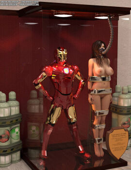 3d bound bound_legs bound_wrists completely_nude female genderswap genderswap_(mtf) iron_man iron_woman mannequin marvel marvel_comics natasha_stark nude nude_female rule_63 thejpeger trophy_case