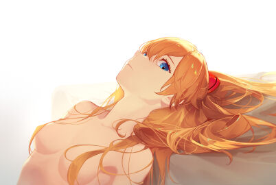 1girls 1zayoihypoxia asuka_langley_sohryu blue_eyes breasts brown_hair commentary convenient_censoring female hair_between_eyes hair_censor hair_over_breasts highres long_hair lying medium_breasts neon_genesis_evangelion nude on_back parted_lips solo souryuu_asuka_langley