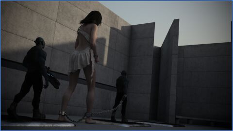 1girls 2boys 3d female gun height_difference male maledom original shackled_ankles shackles slave slave_girl slave_raid spicebound topless topless_male weapon