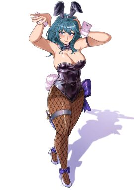 1girls absurdres alternate_costume animal_ears arm_strap arms_up bare_shoulders black_hairband black_leotard blue_eyes blue_hair breasts brown_pantyhose bunny_ears bunny_girl bunnysuit byleth_(fire_emblem) byleth_(fire_emblem)_(female) cleavage commentary dagger deliciousbra deliciousbrain eyelashes fake_animal_ears female female_only fire_emblem fire_emblem:_three_houses fishnet_pantyhose fishnets grey_footwear hairband high_heels highres knife large_breasts leotard long_hair looking_at_viewer nintendo pantyhose playboy_bunny rabbit_ears red_lips sheath sheathed simple_background smile solo strapless strapless_leotard thigh_strap weapon white_background wrist_cuffs