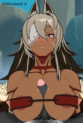 3d abs big_breasts big_penis blush breasts cat_ears crossover dark-skinned_female dark_skin disgusted eyepatch female genshin_impact ghislaine_dedoldia hilichurls_(species) male mushoku_tensei paizuri partial_male penis pubic_hair shaddoll_x small_bra stray_pubic_hair titfuck_under_clothes titjob visible_areolae