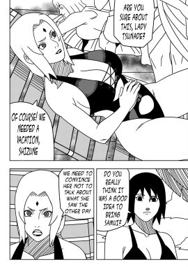 1boy 3girls bare_legs bare_shoulders beach beach_chair big_breasts bikini blunt_bangs blush bob_cut breasts bust busty cleavage comic english_text english_translation female hourglass_figure lipstick lying lying_on_stomach makeup male mature mature_female monochrome multiple_females multiple_girls naruto naruto:_the_last naruto_(series) naruto_shippuden ninrubio on_stomach one-piece_swimsuit oppai outdoors relaxing samui shizune smile speech_bubble story sunbathing swimsuit talking talking_to_another talking_to_partner teacher_and_student text tied_hair tsunade twintails untied_bikini uzumaki_naruto voluptuous