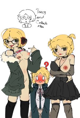 ack_chan arms_under_breasts bandaid bandaids_on_nipples blonde_hair blush breasts danganronpa danganronpa_2:_goodbye_despair death_note female glasses green_eyes headphones identity_v jacket lipstick looking_at_viewer medium_breasts misa_amane multiple_females multiple_girls nanami_chiaki nipples persona persona_5 sakura_futaba shirt shirt_lift short_hair skirt smile text thighhighs tracy_reznik white_background