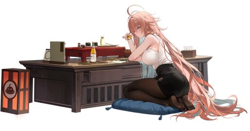 ahoge alcohol ass azur_lane bare_arms bare_shoulders black_background black_pantyhose black_skirt blue_eyes bottle breasts brown_pantyhose cg cup feet female from_side full_body holding impero_(azur_lane) impero_(drunken_drowsy_dreamer)_(azur_lane) large_breasts long_hair looking_at_viewer miniskirt no_shoes official_art pantyhose pencil_skirt pink_hair seiza shirt simple_background sitting skirt sleeveless sleeveless_shirt soles solo table toes very_long_hair white_shirt