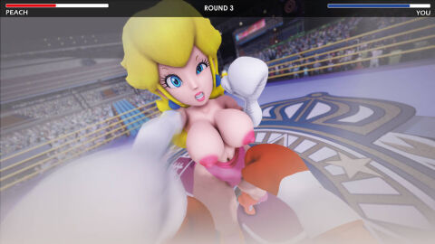 1boy 1girls 3d 3d_(artwork) angry angry_face arena big_breasts big_thighs blonde_hair blue_eyes boxing boxing_gloves boxing_ring breasts clenched_teeth curvy curvy_female earrings elbow_boxing_gloves elbow_gloves exposed_breasts female female_focus fight fighting_ring gameplay_mechanics hud light-skinned_female light_skin lips lipstick long_hair male male_pov mario_(series) mixed_boxing mmd nintendo nipples panties pink_lipstick pov pov_male princess_peach punch punching punching_viewer ryona thighs topless ultimabox white_boxing_gloves white_gloves wide_hips
