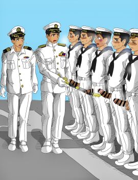 7boys authority_abuse badge balls balls_out battleship big_penis black_hair blue_background blush blushing_profusely brown_eyes brown_hair censor_bar censored censored_penis closed_eyes comparing comparing_penis crying crying_with_eyes_open dark_penis erection forced_exposure foreskin foreskin_folds full_body gay gloves grey_eyes group hi_res holding_object holding_weapon imokuma japan_maritime_self-defense_force katana long_foreskin looking_away male male_only mature_male military military_hat military_uniform morning multiple_boys multiple_males multiple_penises navy navy_uniform neckerchief original original_character outdoors penis penis_out pointless_censoring retracted_foreskin sailor_collar sailor_hat sailor_uniform scolding sheath short_hair simple_background standing steam steamy_breath sweat sweatdrop tearing_up tears thick_penis uncircumcised uncut unretracted_foreskin unzipped unzipped_pants veiny_penis white_clothing wide_eyed yaoi