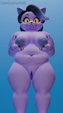 3d_(artwork) 9:16 absurd_res anthro big_breasts black_hair breasts catty_(undertale) digital_media_(artwork) domestic_cat felid feline felis female fenriswuffy fur genitals hair hi_res looking_at_viewer mammal nipples nude overweight overweight_female purple_body purple_fur simple_background solo teeth thick_thighs undertale_(series) widescreen