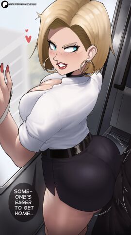 1boy 1girls android_18 ass assjob barely_contained barely_contained_ass barely_fits big_ass big_ass_(female) big_butt blonde_hair blue_eyes boner breasts bubble_ass bubble_butt buttjob buttjob_over_clothes cheating cheating_wife couple dragon_ball dragon_ball_z dry_humping echosaber english_text fat_breasts female hoop_earrings huge_ass huge_ass_(female) imminent_wardrobe_malfunction large_breasts light-skinned_female light_skin male office_lady short_hair teasing thick_thighs tight_fit train undersized_clothes undersized_clothing vegeta