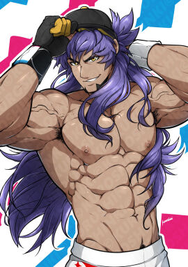 1boy abs absurd_res armpit_hair cap clothing gay gloves hi_res human kuroshinki leon_(pokemon) long-haired_male long_hair looking_at_viewer male male_focus male_only muscular muscular_male nipples pokemon purple_hair shorts smile solo solo_male teeth yellow_eyes