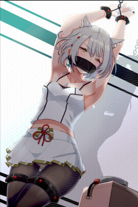 1girls absurd_res armpits arms_above_head arms_up bare_shoulders black_legwear black_stockings bondage bound cat_ears cat_girl catgirl chains core_crystal female female_only femsub fingerless_gloves gag gagged gloves highres hourglass_figure legwear midriff mio_(xenoblade) monolith_soft nintendo shackles short_hair silver_hair skirt stockings submissive submissive_female tank_top thighs tiedtiki tights white_gloves white_skirt white_tank_top white_top xenoblade_(series) xenoblade_chronicles_3 yellow_eyes