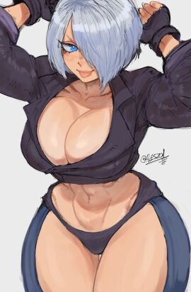 1girls abs al3s angel_(kof) big_breasts blue_eyes breasts clothed clothing color female female_focus female_only fit fit_female hi_res king_of_fighters large_breasts light-skinned_female light_skin looking_at_viewer muscles muscular muscular_female panties short_hair solo solo_female tagme thick_thighs white_hair