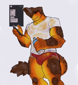 absurd_res anthro barroth blush bodily_fluids brute_wyvern bulge capcom hi_res male male_only monster monster_hunter muscular scalie solo srapolowo sweat sweaty_chest thick_thighs