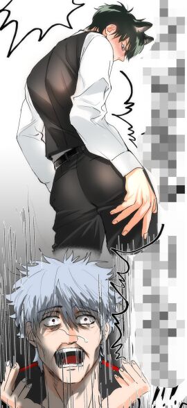 2boys ass ass_focus black_hair blush cat_boy cat_ears catboy censored censored_text fully_clothed gay gintama gintoki_sakata hijikata_toshiro humor looking_back male male_only mosaic_censoring omodongmodong solo_focus surprised uniform yaoi