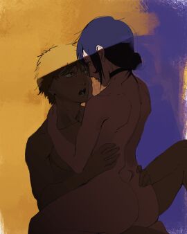 1boy 1boy1girl 1girls ani arms_around_partner ass blonde_hair blush chainsaw_man choker color denji_(chainsaw_man) dimples_of_venus female hair_bun half-closed_eyes hand_on_another's_face hand_on_another's_hip highres lighting looking_at_another male purple_background purple_hair reze_(chainsaw_man) romantic romantic_couple sharp_teeth sitting sitting_on_lap straddling straight thick_thighs tied_hair toned toned_male wholesome yellow_background yellow_eyes