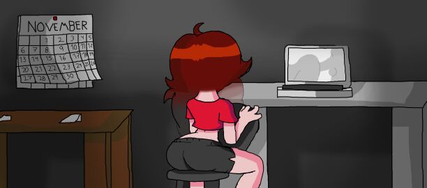 1girls ass ass_focus back_view black_background black_chair black_keyboard black_pants black_wall brown_hair brown_table calendar_(object) chair computer computer_screen demon demon_humanoid female female_human female_only friday_night_funkin fucost girlfriend_(fnf) girlfriend_(friday_night_funkin) grabbing_backup grabbing_chair grabbing_chair_back grabbing_chair_support grey_table hair human humanoid keyboard keyboard_(computer) laptop light light-skinned_female light_skin long_hair looking_through_back november paper papers pijama pornography red_shirt red_short_shirt room schedule short_pants short_shirt short_sleeved_shirt short_sleeves simple_background sitting sitting_backwards support supporting table watching watching_porn watching_sex watching_video white_computer white_laptop white_table