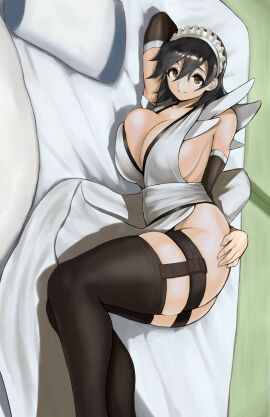 1girls anagumasan bed bed_sheet big_breasts black_hair black_thighhighs breast_press breasts brown_eyes busty cleavage closed_mouth detached_sleeves female female_only futon hand_on_hip hand_on_own_hip highres indoors iroha japanese_clothes kunoichi large_breasts looking_at_viewer lying lying_on_bed lying_on_side maid maid_headdress ninja on_side pillow samurai_shodown seductive seductive_pose short_hair sideboob skindentation smile snk solo solo_female tatami thick_thighs thighhighs thighs