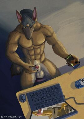 2024 5_fingers abs absurd_res animal_genitalia anthro asymmetrical_balls athletic athletic_anthro athletic_male backwards_baseball_cap backwards_hat balls baseball_cap beverage_can bird's-eye_view black_nose brown_body brown_fur canid canine canis cellphone claws clothing computer computer_mouse deer domestic_dog dr._laz electronics finger_claws fingers fur genitals hat headgear headwear herding_dog hi_res high-angle_view holding_cellphone holding_object holding_phone holding_smartphone humanoid_hands jacob_caesari laptop looking_at_porn male malinois_dog mammal mostly_nude mostly_nude_anthro mostly_nude_male navel nipples nude nude_anthro nude_male pastoral_dog pecs penis penis_tip phone pornography sampsonwoof sheath sheepdog signature sitting smartphone solo story story_in_description