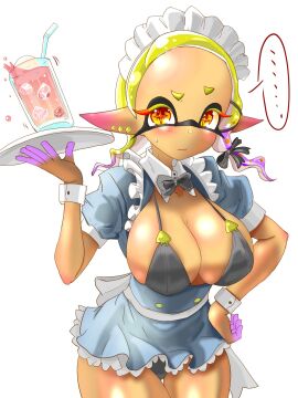 barely_contained big_breasts black_panties blush bowtie bra breasts collared_shirt dark-skinned_female dark_skin detached_sleeves drink ear_piercing earrings elf_ears female frye_(splatoon) frye_onaga glass hair_ornament hair_ribbon headwear holding_object holding_plate maid maid_headdress maid_uniform micro_bikini microskirt miniskirt multicolored_hair nintendo panties pantyshot pantyshot_(standing) plate pointy_ears purple_hair solo splatoon splatoon_3 t2ukmyjm thick_thighs thighs two-tone_hair white_background yellow_eyes yellow_hair