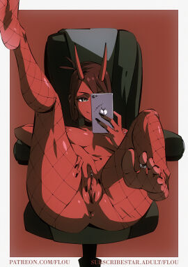 ambiguous_gender anus breasts breasts_apart clitoris clitoris_piercing feet female fishnet_legwear fishnet_stockings fishnets flou flou_(character) horns kneepits nipple_piercing nipples nude nude_female oni oni_horns original original_character piercing presenting presenting_pussy pussy red_skin seductive_smile shiny_skin sitting sitting_on_chair smile soles spread_pussy taking_photo taking_picture toe_ring toes touching touching_pussy touching_self uncensored vulva