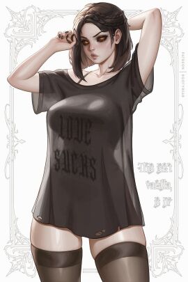 1girls dark_hair dark_sclera orange_iris see-through_shirt solo_female stockings
