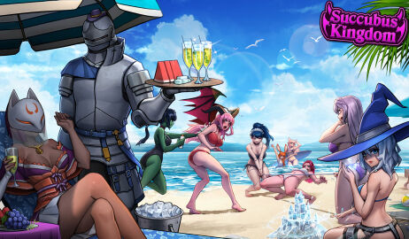 1boy 6+girls absurdres aimi_(succubus_kindom) animal_ears armor azula_(succubus_kingdom) beach belle_(succubus_kingdom) bikini champagne_flute chastity_belt chiara_(succubus_kingdom) colored_skin crossed_legs cryokinesis cup dark-skinned_female dark_skin day demon demon_girl demon_horns demon_wings doll_joints drinking_glass elf_female elf_girl female female_chastity food fox_mask fruit fudge_(succubus_kingdom) full_armor glasses grapes green_skin harin_(succubus_kingdom) hat highres holding holding_tray horns ice ice_bucket ice_cube joints kemonomimi kneeling knight layla_lopez_(succubus_kingdom) limbo long_hair looking_at_viewer maid_headdress male mask mini_hat monster_girl multiple_females multiple_girls non-web_source norshie one-piece_swimsuit outdoors queen rabbit_ears rabbit_girl short_hair sitting slime_girl standing succubus succubus_kingdom surfboard swimsuit tan thigh_bands tray umbrella vera_(succubus_kingdom) very_long_hair water watermelon watermelon_slice wincent_(succubus_kingdom) wings witch_hat yunatia_luciferia_(succubus_kingdom)