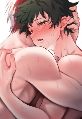 1boy 2boys anal armpits back bangs black_hair blush bones_(studio) breasts clothing completely_nude curly_hair fingers freckles frizzy_hair green_eyes green_hair hug hugging implied_sex izuku_midoriya izuku_midoriyamale male male_focus male_only midoriya_izuku multicolored_hair multiple_boys multiple_males my_hero_academia nipples nude open_mouth red_hair saliva scar sex short_hair shounen_jump shouto_todoroki simple_background split-color_hair student sweat sweaty tears teenage_male teenager tododeku todoroki_shouto two-tone_hair upper_body white_background white_hair yaoi