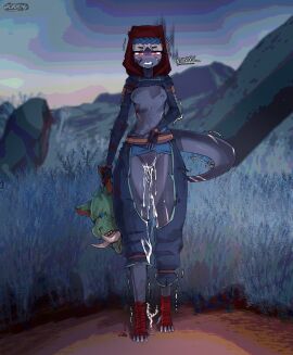 5_fingers absurd_res after_sex after_vaginal anthro areola blue_clothing blush bodily_fluids breasts clothing cum cum_on_body cum_on_leg death duo ear_grab feet_wraps female female_focus fingers front_view full-length_portrait genital_fluids gore grey_breasts grey_tail hand_on_head headgear headwear hi_res holding_head lizard ninja nipples portrait pussy red_clothing red_headwear reptile roadiesky scalie solo_focus tail teeth text warrior wraps