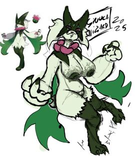 :3 artist_signature female female_only game_freak green_fur green_nipples green_pussy meowscarada naked_female pink_eyes pokemon pokemon_(species) pussy sinucawizard