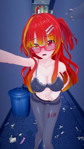 blush bra breasts female heterochromia looking_at_viewer navel open_mouth pantyhose pubic_tattoo sunglasses sweat vanessa_veren