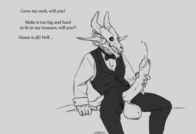 anthro balls balls_growth basil_(papyreit) big_balls big_penis bodily_fluids bone bow_tie butler clothing cuff_links demon dress_pants dress_shirt ears_back expansion foreskin formal_wear frustrated genital_expansion genital_fluids genital_growth genital_growth_(enlargement) genitals gentleman growth horn huge_balls huge_cock hyper hyper_balls hyper_genitalia hyper_penis looking_at_genitalia looking_at_penis male masturbation papyreit penis penis_growth penis_poking_out penis_through_fly pivoted_ears precum shirt sitting skull solo tail teeth text tongue topwear uncircumcised vest